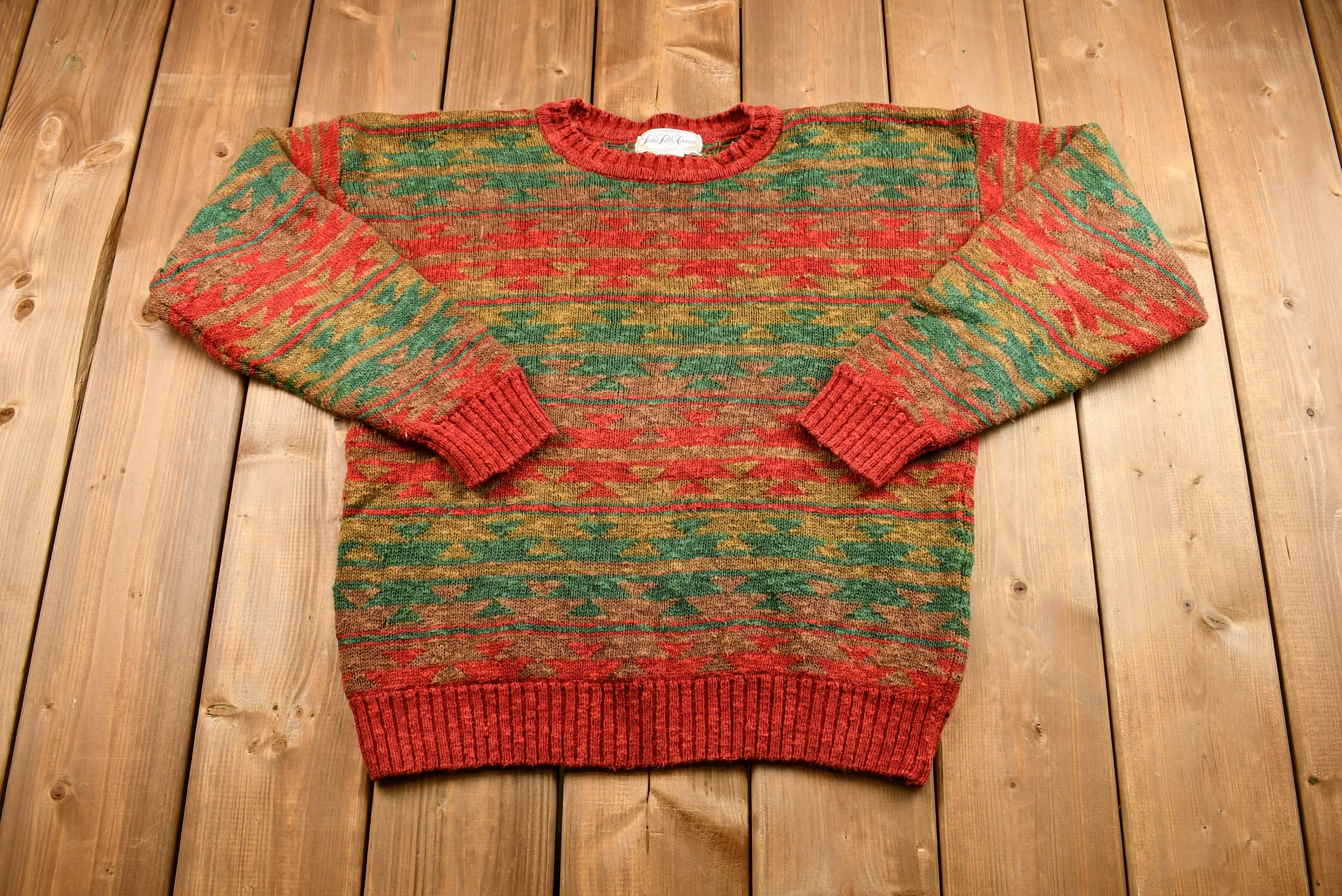 Vintage 1990s Saks Fifth Avenue Geometric Striped Knit Crewneck  