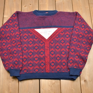 Vintage Knitted Transatlantic Flight Sweater / Made in USA / Vintage 90s Crewneck / Pattern Sweater / Outdoor / Pullover Sweatshirt
