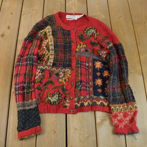 Vintage 1990s Robert Scott Patchwork Embroidered Knit Cardigan Sweater / Fall Sweater / Patchwork / Hand Knit