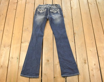 Vintage Deadstock Y2K Miss Me Bedazzled Low Rise Jeans Women's Size 26x31 / Boot Cut Jeans / 2000's Embroidered Contrast Stitched Denim