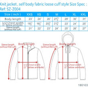 K&ouml;nnte beinhalten: Gr&ouml;&szlig;entabelle f&uuml;r eine Strickjacke mit lockerem B&uuml;ndchen-Stil. Die Tabelle zeigt die Ma&szlig;e in Zoll f&uuml;r K&ouml;rperl&auml;nge, 1/2 Brustweite und &Auml;rmell&auml;nge (ohne Rippenb&uuml;ndchen) f&uuml;r die Gr&ouml;&szlig;en XXS bis XXL. Ref: SZ-Z004.