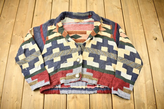 Vintage 1990s Aztec Patchwork Button Up Sweater /… - image 1