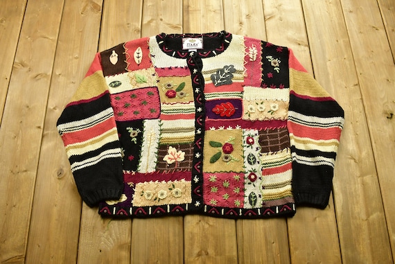 Vintage 3-D Knit Sweater / Patchwork 