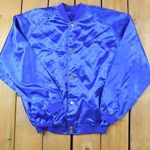 Vintage 1980s Blue Snap Button Satin Jacket Made In USA