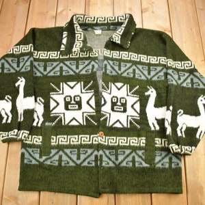 Vintage 1990s Animal Theme Aztec Pattern Knitted Button Up Sweater / All Over Pattern / Outdoorsman