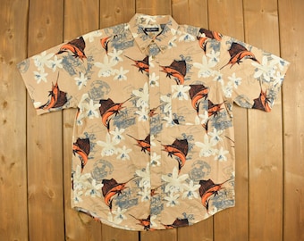 Vintage 1990s Fischen Schwertfisch Hemd / Fisch Shirt / Fisch Hemd / Fisch Hemd / Fisch / All Over Print / All Over Print / Freizeithemd