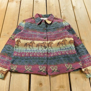 Vintage 1990s Sara Studio Horses Animal Print Tapestry Patchwork Jacket Women's M / All Over Print / Equestrian
