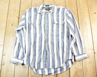 Vintage 1990s Eddie Bauer Striped Button Up Shirt Mens L / Vintage Quarter Button / Preppy Button Up
