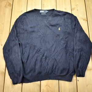 Vintage 1990s Polo Ralph Lauren Navy Blue V-neck Knit Sweatshirt / 90s Crewneck / Small Pony / Streetwear / Vintage Polo