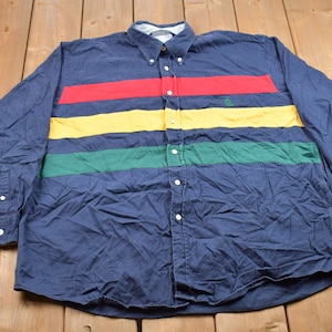 Vintage 1990s Nautica Striped Button Up Rugby Shirt / 1990s Button Up / Vintage Rugby Shirt / Basic Button Up / Color Block / 90s Nautica