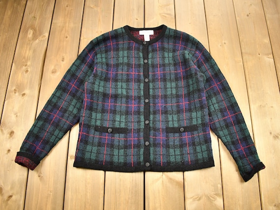 Vintage 1990s Robert Scott Plaid Knitted Cardigan Sweater / Vintage Cardigan / Button Up / Blank Cardigan / Simple Style