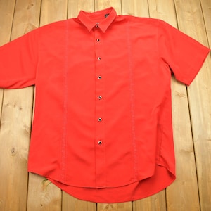 Vintage 1990s Blank Red Button Up T-Shirt / Plain / Minimal / Streetwear Fashion / Striped Print / Embroidered Scorpion Graphic