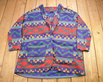 Vintage 1990s Aztec Theme  All Over Print Fleece Sweater / Rock Creek Casuals / Fleece Button Up