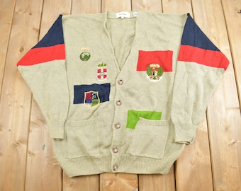 Vintage 1980s New River Embroidered Knit Cardigan / 80s Cardigan / Button Up / Abstract Pattern / 80s Clothing