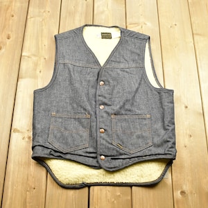 Vintage 1980s Roebucks By Sears Fleece Lined Denim Button Up Vest / Full Zip Streetwear Fashion & Retro Style / Sherpa / Fur / Size Medium