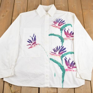 Vintage 1990s Hand Painted Floral Button Up Shirt / Made in USA / Abstract Pattern / Casual Shirt / Formal Shirt / Cute