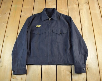 Vintage 1960s 1970s Work Jacket Men's Large / Lightning Zip / True Vintage / Embroidered / Bill / Embroidered / Uniform Jacket