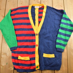 Vintage 1990s Color Block Striped Knitted Cardigan Sweater / Vintage Cardigan / Button Up / Abstract Pattern / Body Beam Cardigan