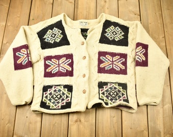 Vintage 1990s Kjantu Trading 100% Wool Handknit Cardigan Sweater / Vintage Cardigan / Button Up / Patchwork