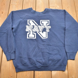 Vintage 1980s United States Navy Graphic Raglan Crewneck / Vintage Military Sweatshirt / Made In USA / Navy Sweater