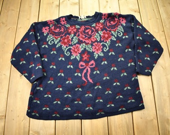 Vintage 1990s Knitted Floral Theme Crewneck Sweater / Vintage 90s Crewneck / All Over Pattern / Adele Knitwear / Made In USA