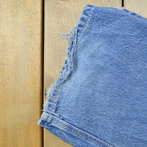 May include: A close-up of the frayed edge of a pair of blue denim jeans.