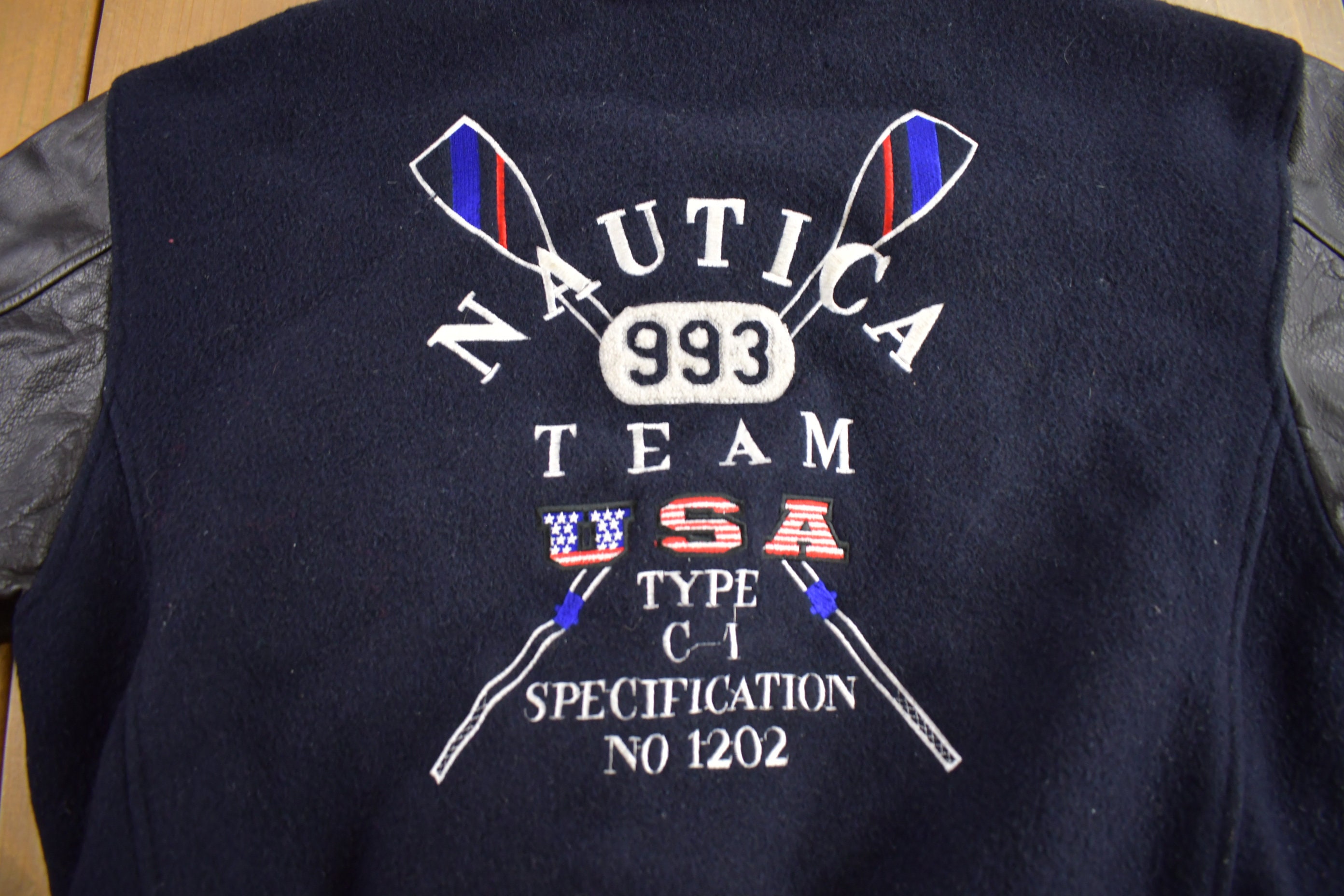 Vintage 1990s Team Nautica Varsity Jacket / Embroidered / Leather