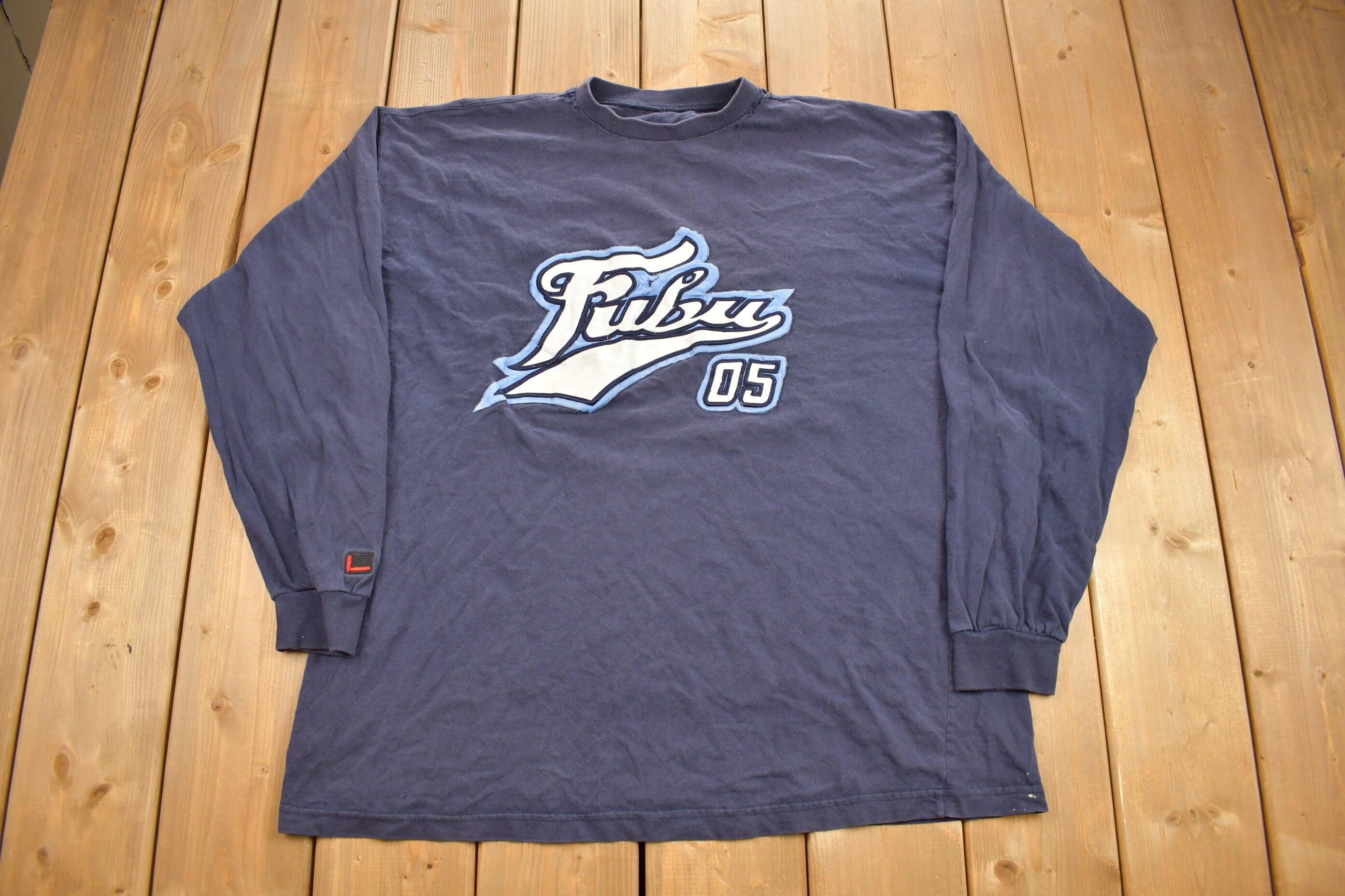 FUBU 90s ヴィンテージラグビーシャツ (XXL) 90s FUBU ベースボールゲームTシャツ ビッグサイズ ワッペン 紺