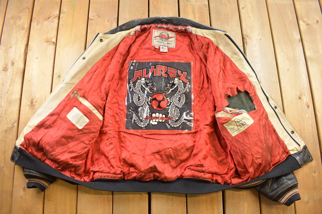 Vintage 1990s Avirex Dragon Eyes Leather Varsity Jacket Vintage 1990s Avirex Dragon Eyes Leather Varsity Jacket