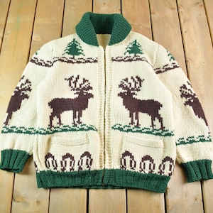 Vintage 1960s Cowichan Shawl Collar Knit Deer Sweater Men's XL / Full Zip / True Vintage / Abstract Patterns / 1960s Sweater / Hand Knit