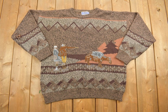 Vintage 1980s Scenic Knit Crewneck Sweater Donkey… - image 1