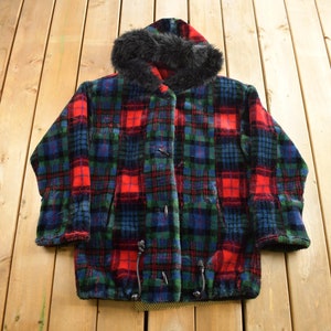 Vintage 1980s Donny Brook Plaid Jacket / Wool Jacket  / Overcoat / Winter Jacket / Plaid / Made In USA / Fur Collar