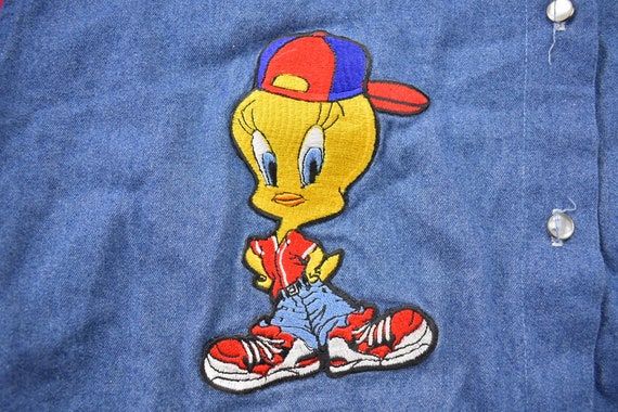 Vintage 1990s Tweety Bird Denim Button Up Hooded … - image 5