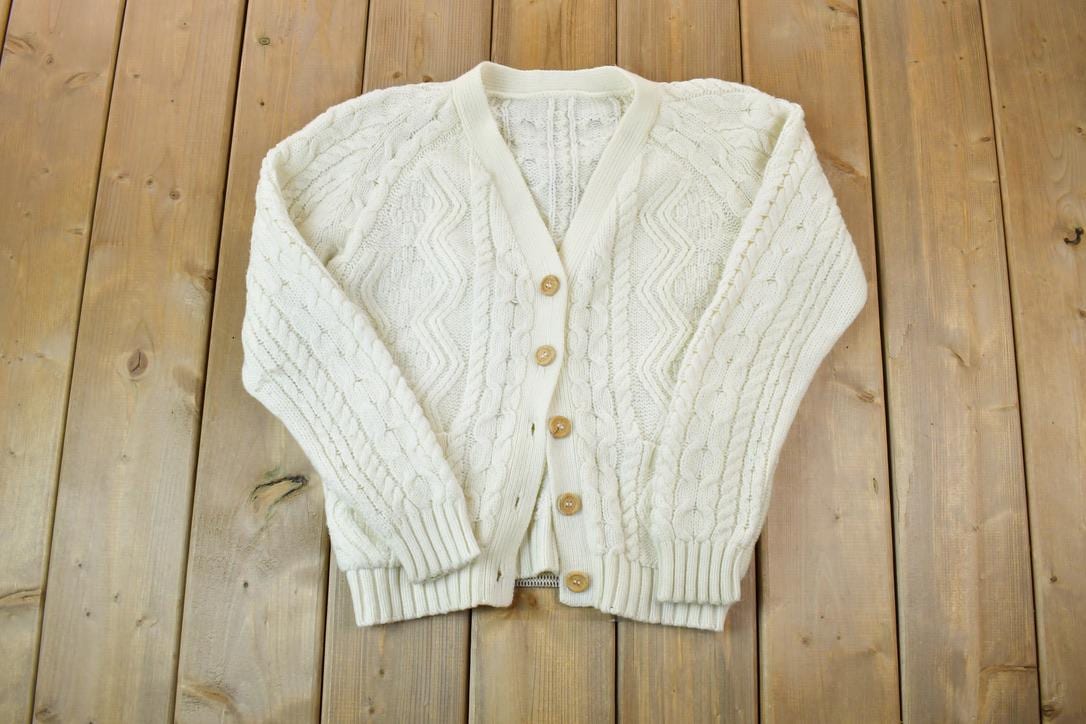 Vintage 1990s Tan 3D Colored Cable Knit Cardigan Button up Sweater 