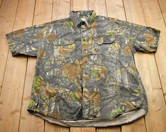 Vintage jaren 1990 Hunter's View camo korte mouw dichtgeknoopt / souvenir / vintage sweatshirt / buitenmens / sweater wildernis / jagen