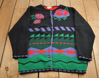 Vintage 80er Jahre Abstrakt Blumen Thema Strickjacke Cardigan Pullover