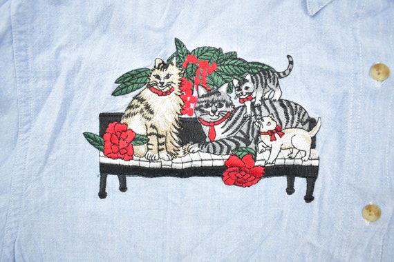 Vintage 1990s Cute Embroidered Cats Button Up Shi… - image 4