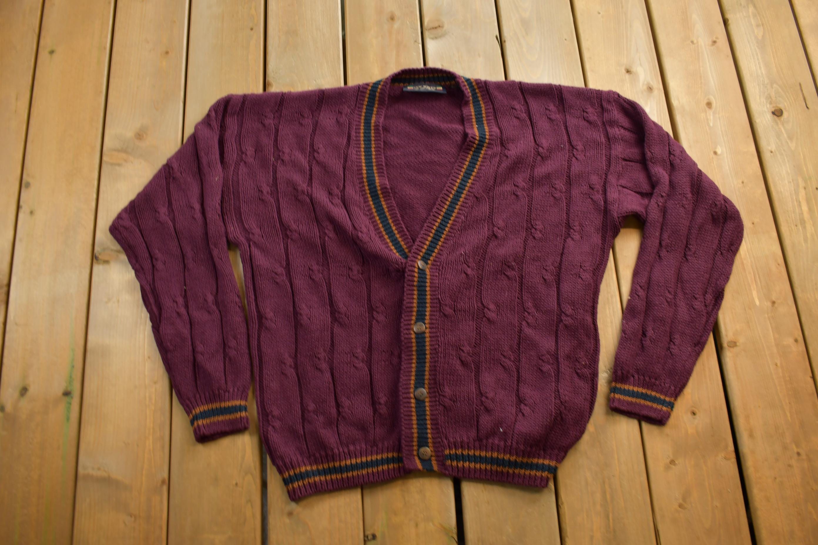 Vintage 1980s New River 3D Cable Knit Cardigan Sweater / Vintage Cardigan / Button Up / Patchwork / Embroidered / Cable Knit Cardigan / Plum
