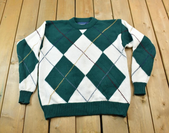 Vintage 1990s Emerald Argyle Wool Knit Sweater / Vintage 90s 