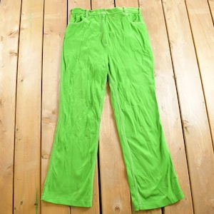 Vintage 1970s Neon Green Flared Trousers Size 32 x 29 / 70s Pants / Contrast Stitching / True Vintage Sears / Slacks / Polyester Trousers