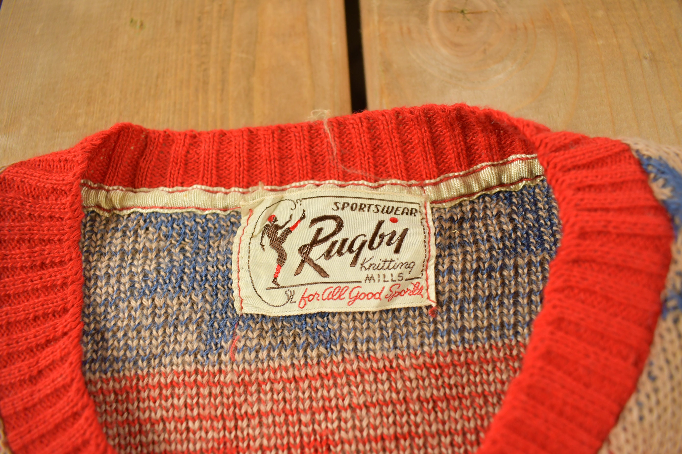 Vintage 1940s Rugby Sportswear Knitting Mills Knit V Neck Sweater 