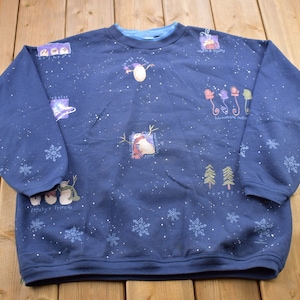 Vintage 1990s Snowman Theme Christmas Sweater / 90s Holiday Crewneck / Winter Wear / Festive Graphic Print / Snowman Crewneck / Made In USA