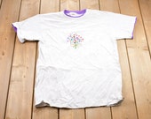 Vintage 1990s Floral Embroidered Double Collar T-Shirt Graphic 80s 90s Streetwear Retro Style Anvil T-Shirt Made In USA