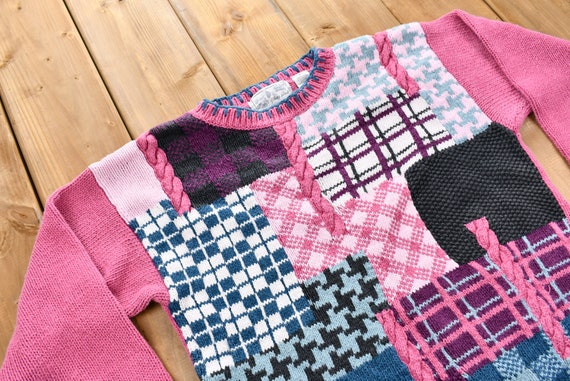 Vintage 1990s Patchwork Knit Sweater / Houndstoot… - image 2