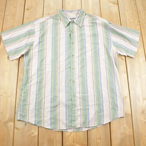 Vintage 1990s Key Elements Striped Pastel Short Sleeved Collard Shirt / Single Stitch