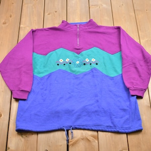 Vintage 1990s Cynthia J Floral Design Quarter Zip Sweatshirt / Made in USA / 90s Quarter Zip /Color Block/ Athleisure / Streetwear
