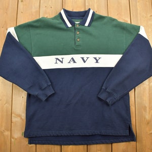 Vintage 1990&#39;s Navy Color Block Button Up Sweatshirt Gear Sportswear / 90s Crewneck / Souvenir / Athleisure / Streetwear / Rugby / Sports