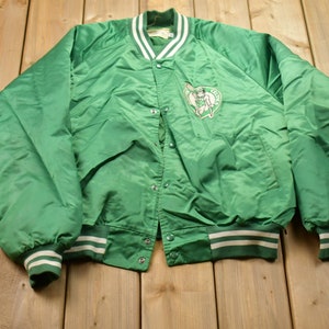 White Satin Baseball Jacket with Green Pockets and Knit Lines