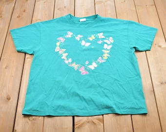 Vintage jaren 1990 bloemen hart grafisch T-shirt heren L / Streetwear / Leuke vintage / Zomer / Retrostijl / Enkele steek / T-shirt jaren 90