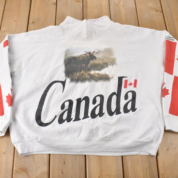 Vintage 1990s Waterhen Manitoba Canadian Moose Graphic Souvenir Sweatshirt Made IN Canada